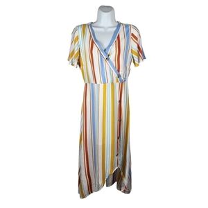 PEACH LOVE FAUX WRAP STRIPED DRESS